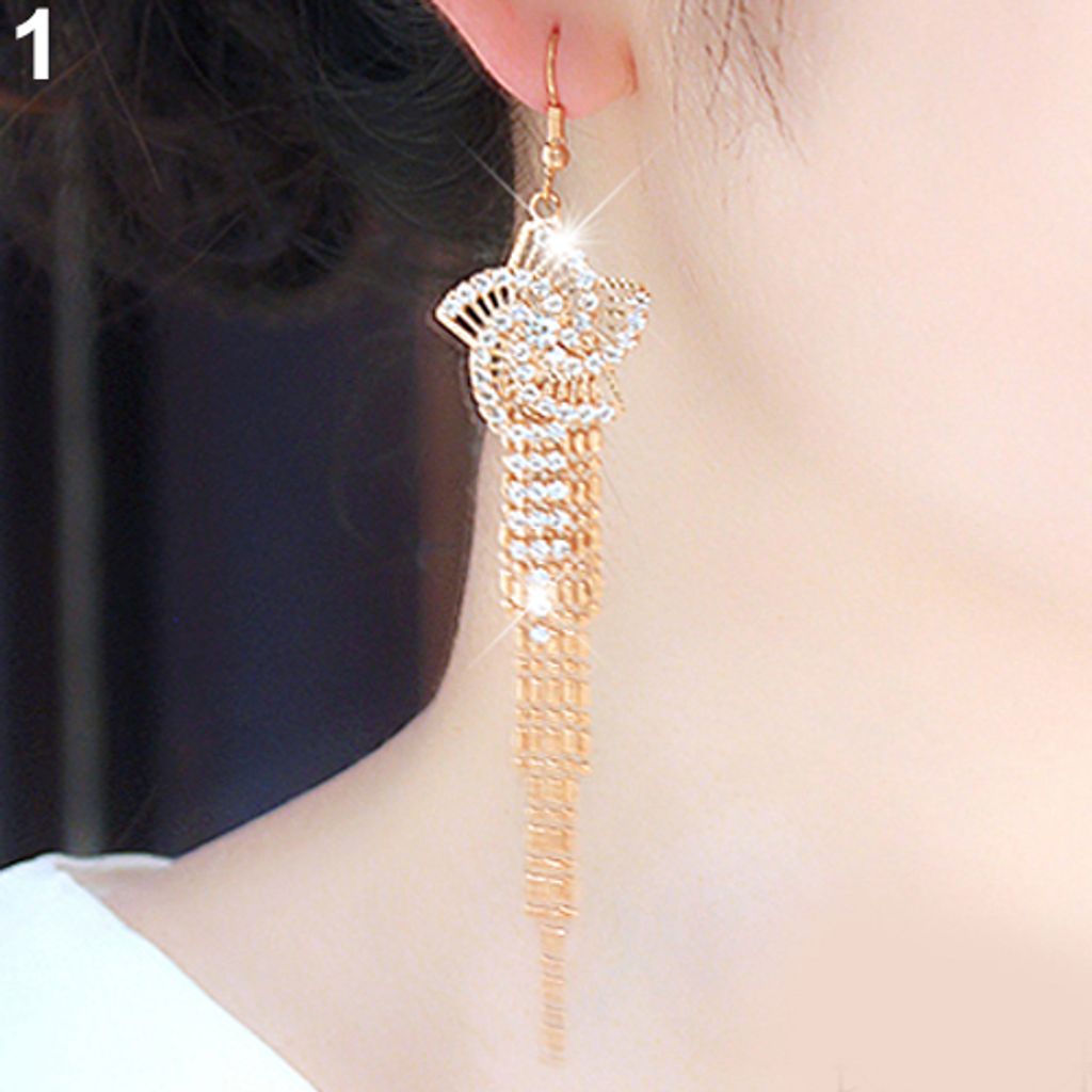 Frauen Strass Legierung Blume Lange Quaste Drop Haken Baumeln Party Linear Ohrringe-Golden