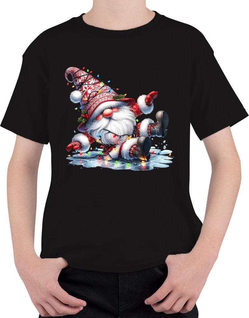 Lustiger Weihnachtswichtel rutschend auf Eis mit Lichtern Weihnachten Uni Kinder T-Shirt, Schwarz, 104