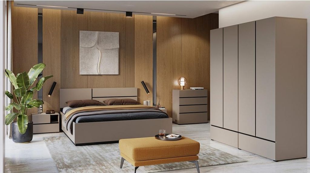 Komplettes HAVANA Schlafzimmer in Beige und Schwarz mit Bett mit Stauraum 160x200, 4-türigem Kleiderschrank, Kommode und Nachttischen