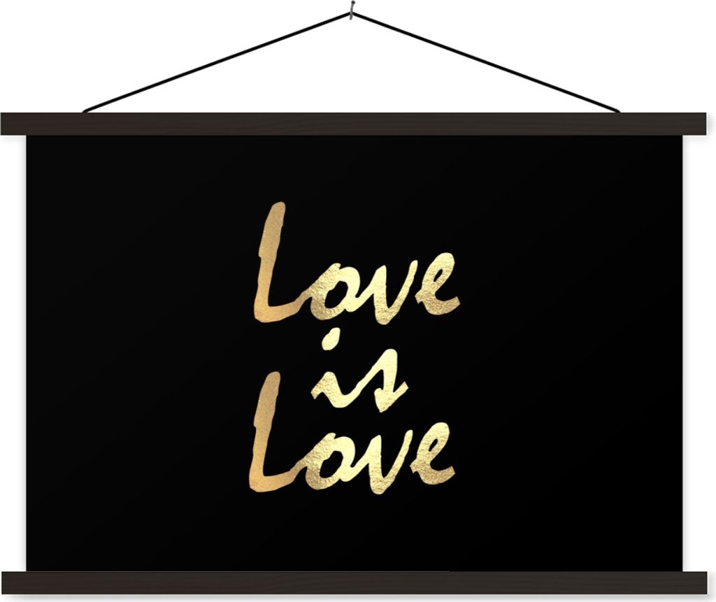 MuchoWow Textilposter Zitat - Liebe - Gold 90x60 cm mit schwarzem Rahmen - Aufhängungssatz