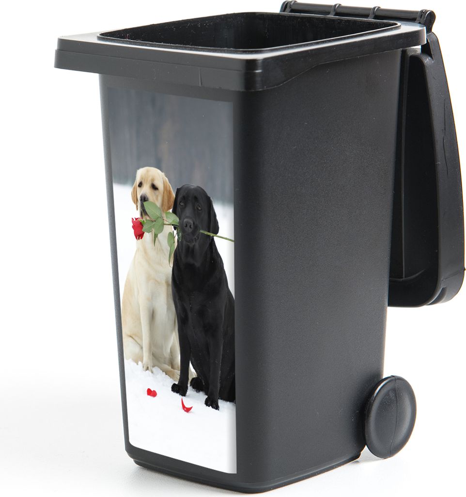MuchoWow Mülltonnenaufkleber Hund - Rosen - Schnee 44x98 cm - Containeraufkleber - Aufkleber - Mülltonnen-Aufkleber