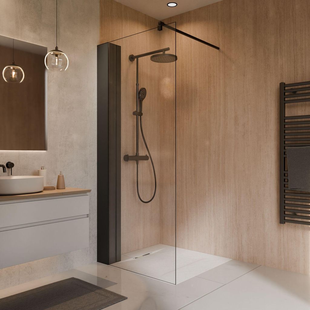 Schulte Duschwand Toura Walk In mit Duschregal, 90 x 200 cm, 8mm Sicherheitsglas, Profilfarbe Mattschwarz