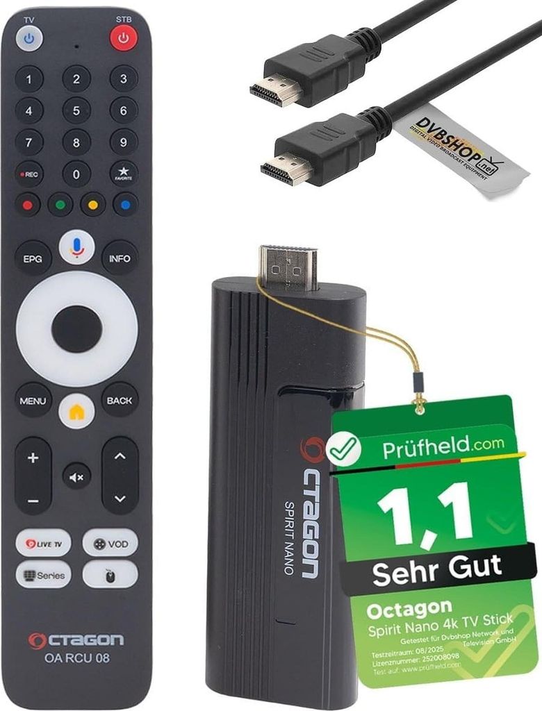 OCTAGON Spirit Nano 4K UHD Android TV Stick + DVBSHOP HDMI Adapter, für Fernseher, Bluetooth Fernbedienung, HDR10+, 2GB & 32GB, TV IP Receiver Box...