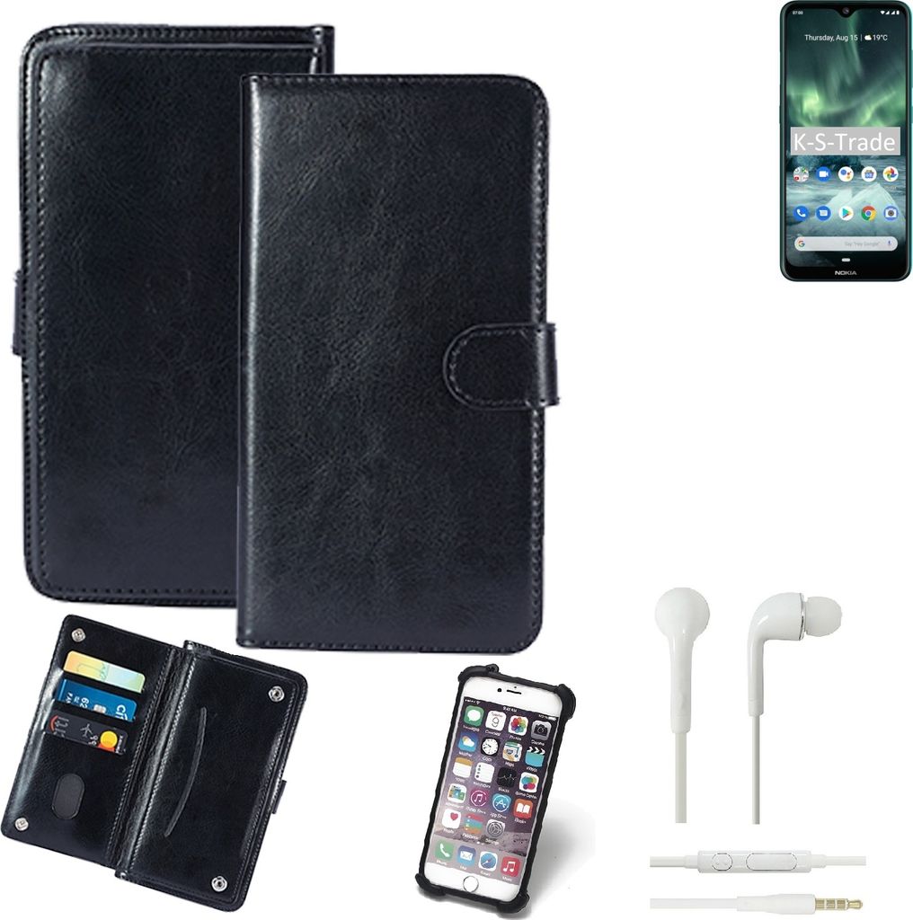 K-S-Trade 360° Hülle kompatibel mit Nokia 7.2 inkl. Headphones schwarz Kunstleder Case BookCase WalletCase Kunstlederederhülle Handyhülle,
