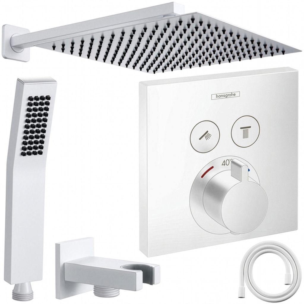 Hansgrohe und Jowi Unterputz Duschsystem Weiß, ShowerSelect Thermostat, Duscharmatur, Regendusche, Kopfbrause, OHNE iBox