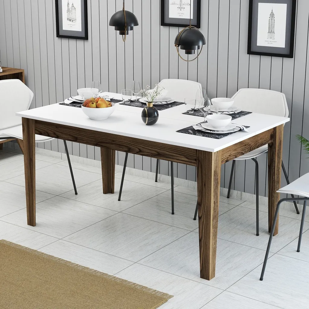 Table à manger en mélaminé noyer et blanc résistante Milan 514
