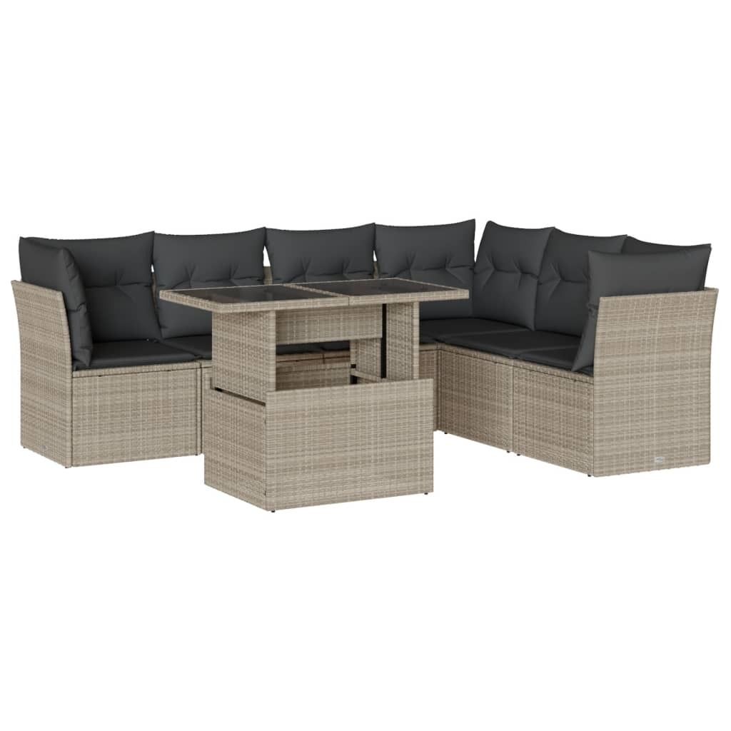 vidaXL 7-tlg. Garten-Sofagarnitur mit Kissen Hellgrau Poly Rattan