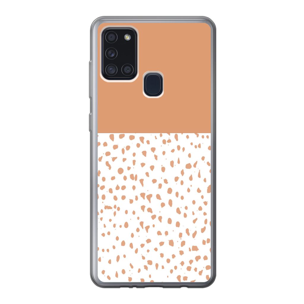 MuchoWow Handyhülle Schutzhülle Hülle für Samsung Galaxy A21s Tupfen - Orange - Weiß Silikon Softcase Handy Hülle - Hartschale