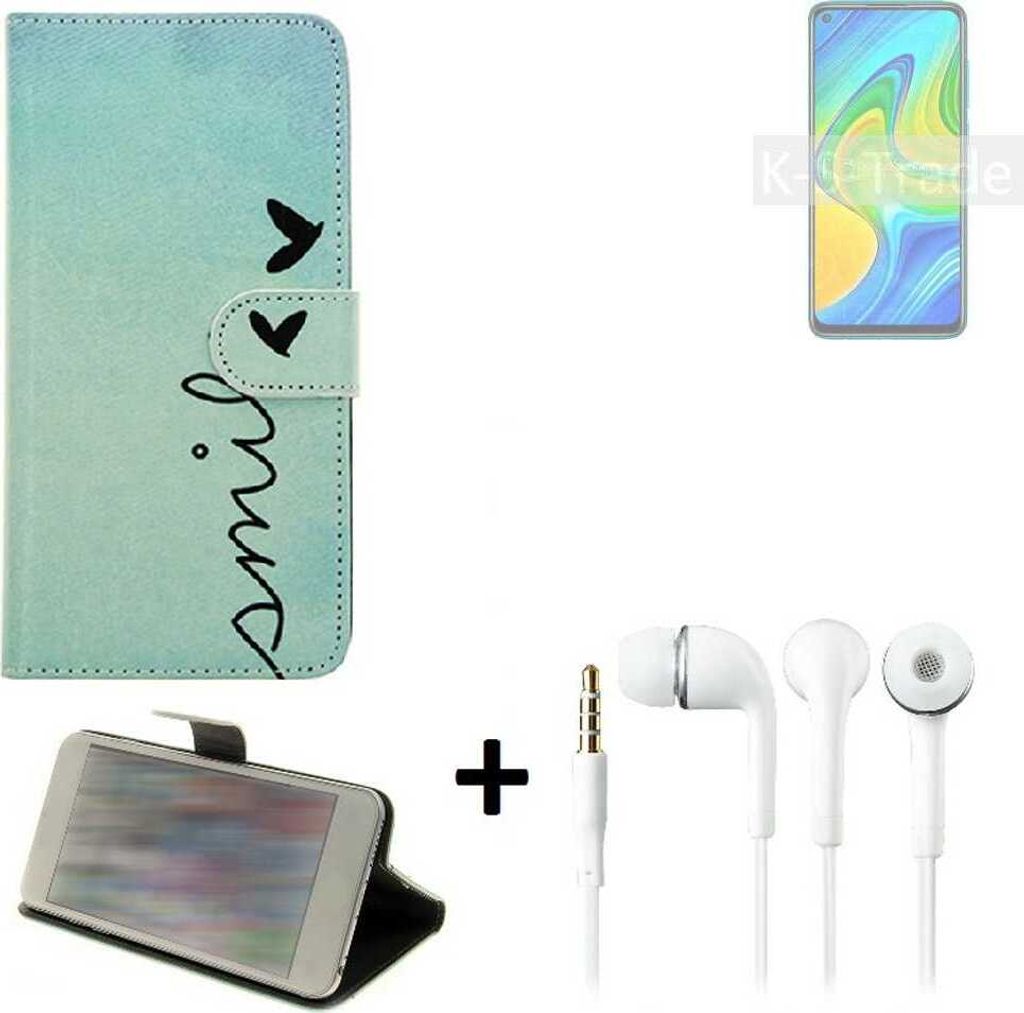 K-S-Trade Schutz Hülle Handy Hülle kompatibel mit Xiaomi Redmi 10X 4G 360° Wallet Case Schutz Hülle ''smile'' inkl. Ohrstöpsel Smartphone cover