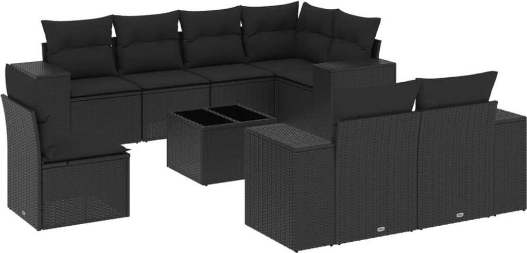vidaXL 9-tlg. Garten-Sofagarnitur mit Kissen Schwarz Poly Rattan