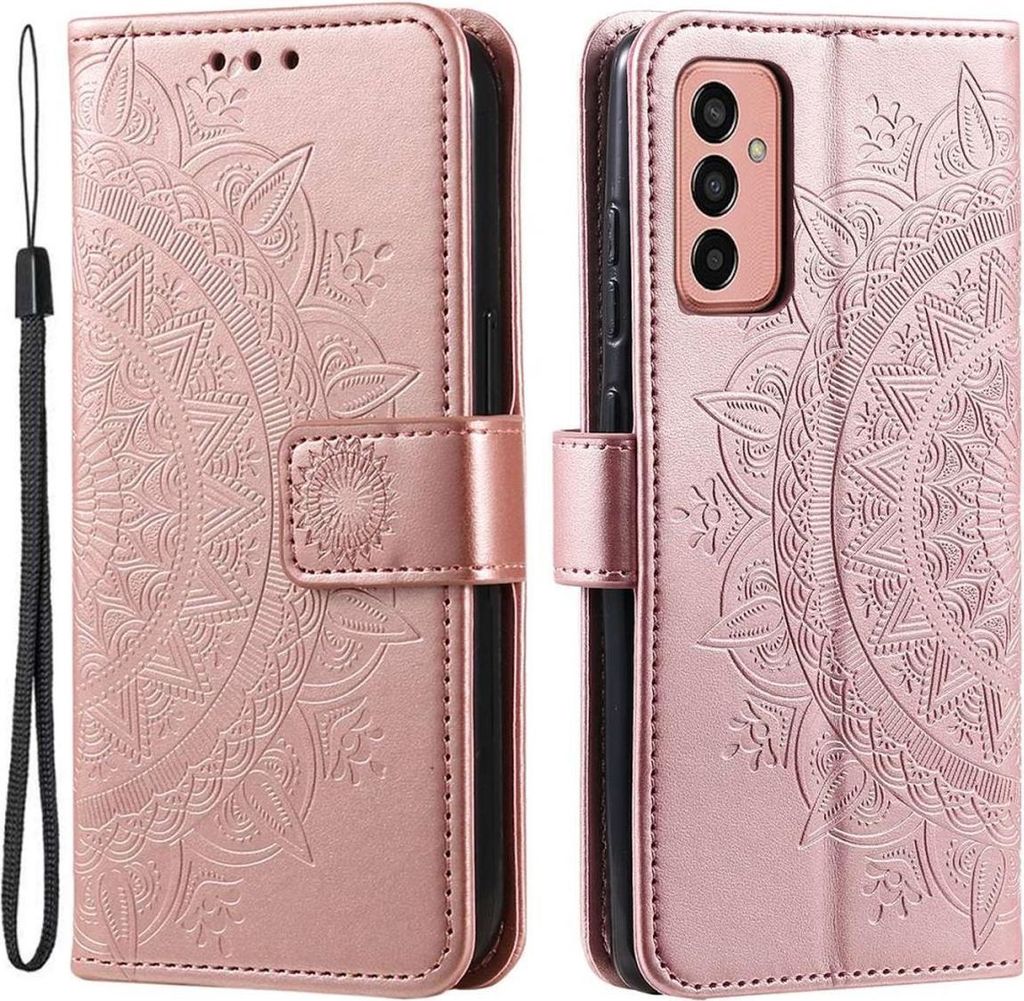 A product shot of a rose gold flip phone case with a mandala design.