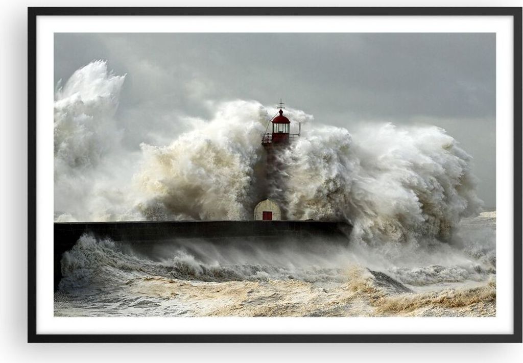 Gerahmtes Poster - Schwarzer Rahmen - Leuchtturm Ozean Sturm - 91,5x61 cm - Wand Bild - Wanddeko - Wandbilder - Kunstposter - Wandposter - Bilderra...