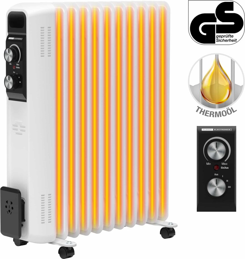 Flexot Ölradiator 1000W / 1500W/ 2500W - 3 Powerstufen 11 Rippen Elektroheizung Heizung Heizer Heater Radiator Überhitzungsschutz Thermostat Ka...