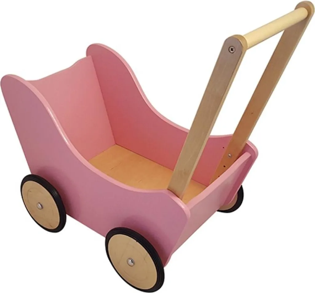 Poussette poupée bois Planet Happy rose pastel avec roues stables