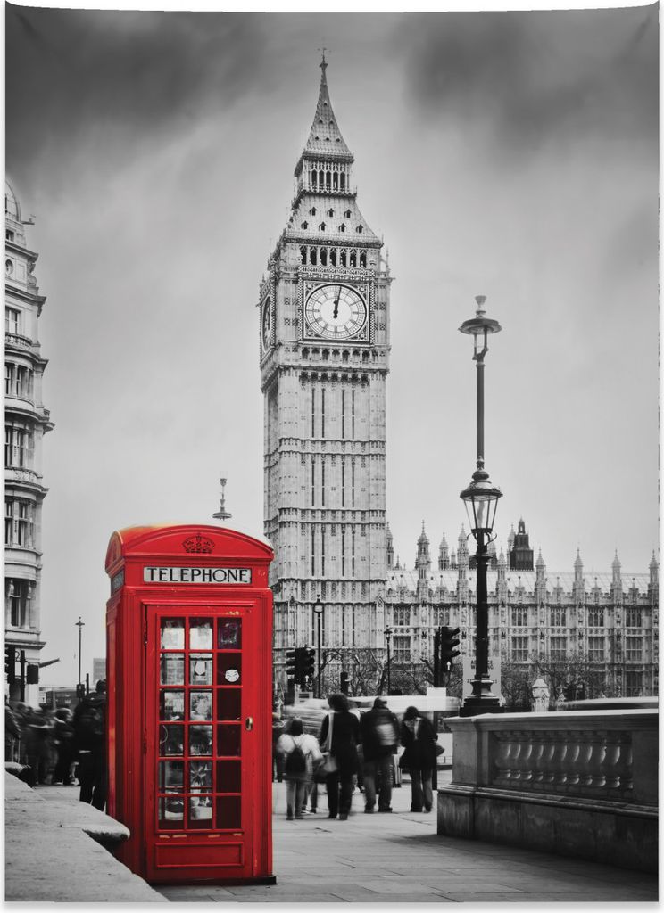 Abakuhaus London Wandteppich, Telefonzelle Big Ben aus Weiches Mikrofaser Stoff Kein Verblassen Klare Farben Waschbar, 110 x 150 cm, Grau Rot