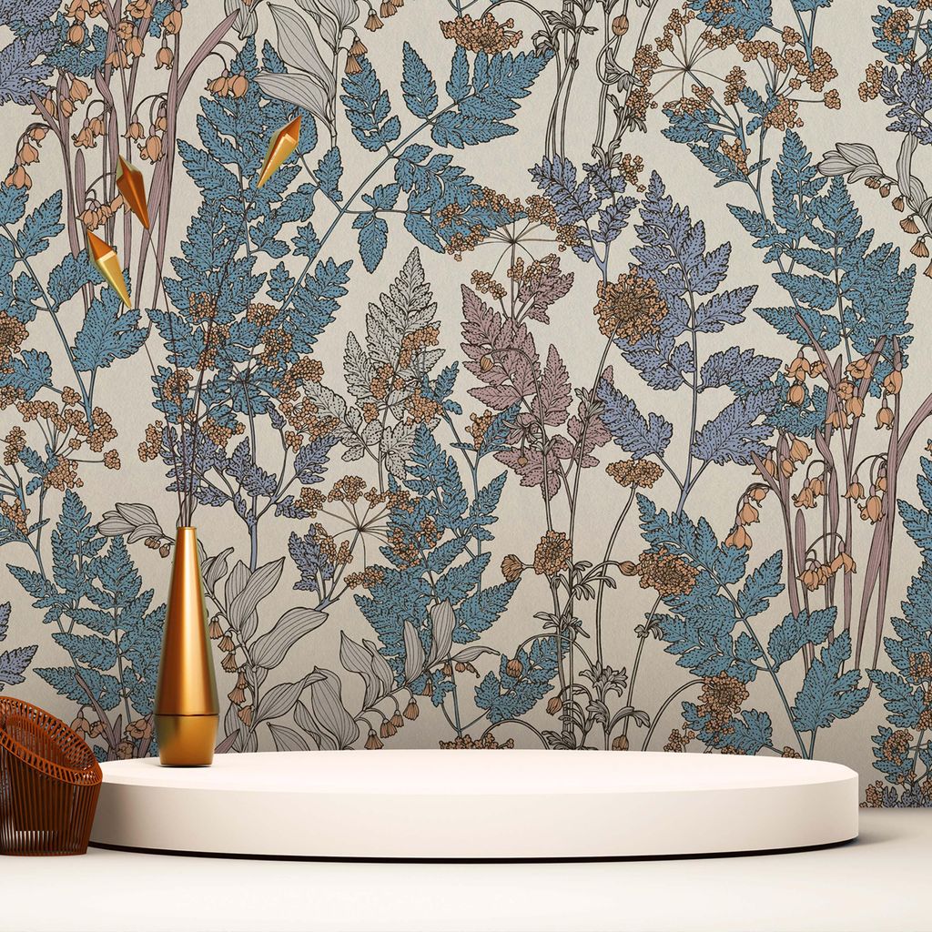 TADESSI Tapete Blumen Valentin M1-No.1436 Vliestapete Blau Creme Floral Natur Wohnzimmer Schlafzimmer Küche