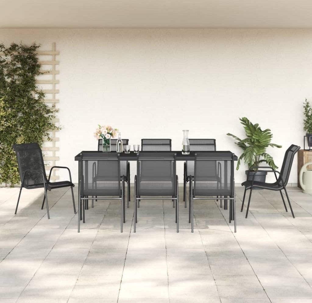 The Living Store 9-tlg. Garten-Essgruppe Schwarz Stahl und Textilene