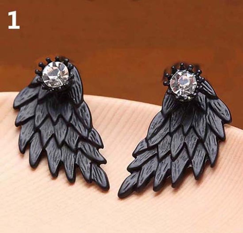 Frauen Retro Gothic Cool Schmuck Engel Flügel Strass Ohr Jacke Ohrringe-Schwarz