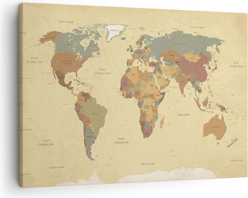Bild auf Leinwand - Leinwandbild - Karte Welt Land - 70x50cm - Wand Bild - Wanddeko - Wandbilder - Leinwanddruck - Bilder - Kunstdruck - Wanddekora...
