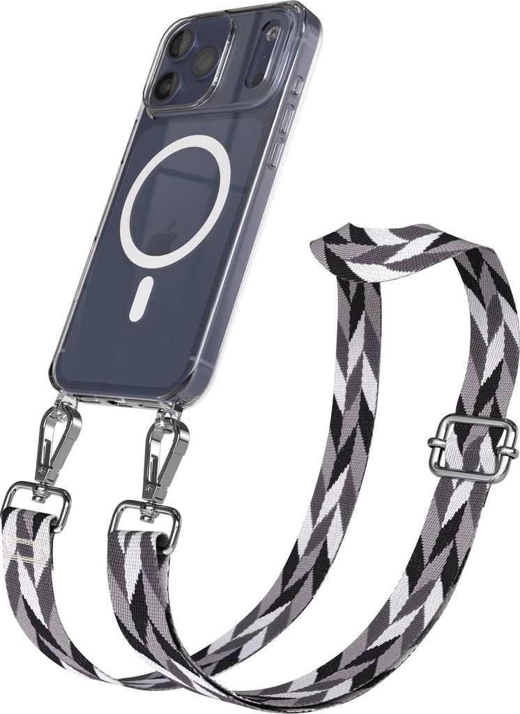 EAZY CASE - Handykette mit MagSafe Hülle für Apple iPhone 17 Pro Max, Handyband Mix Style, Karabiner Silber, Umhängeband in Schwarz