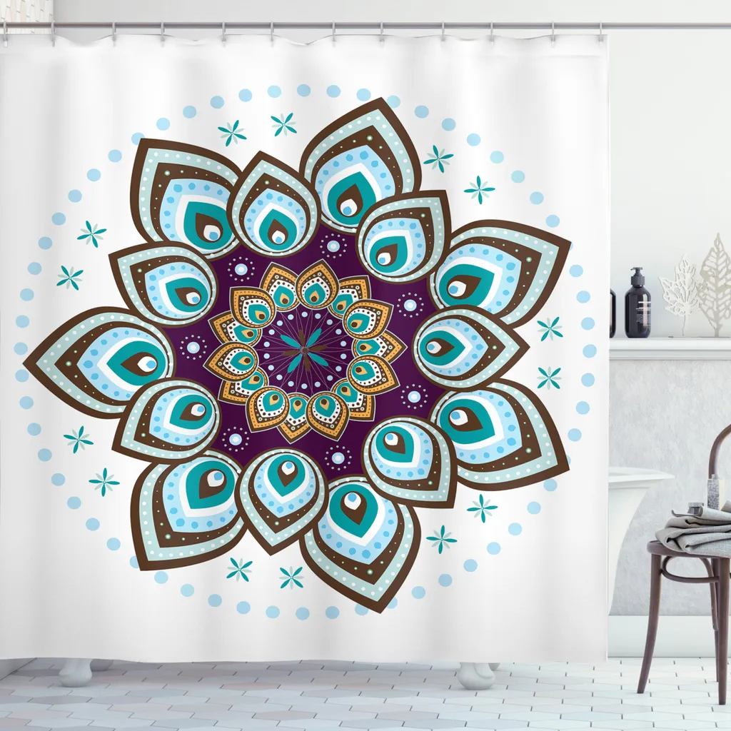 Tenda Doccia Bohemien Blu Fiori Omifly | 183x183 Cm Con Ganci | Impermeabile E Lavabile