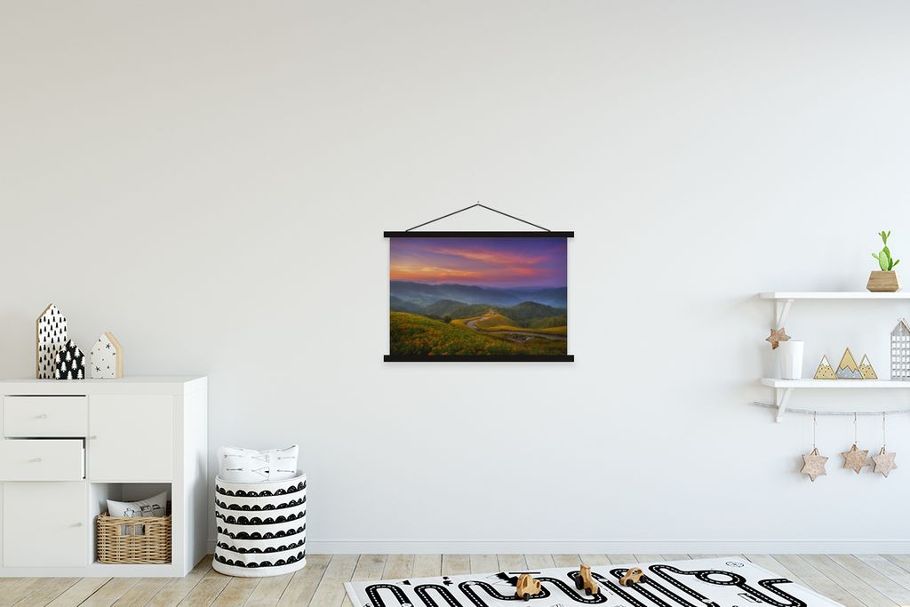 MuchoWow Textilposter Berge - Farben - Pastell 60x40 cm mit schwarzem Rahmen - Hölzernes