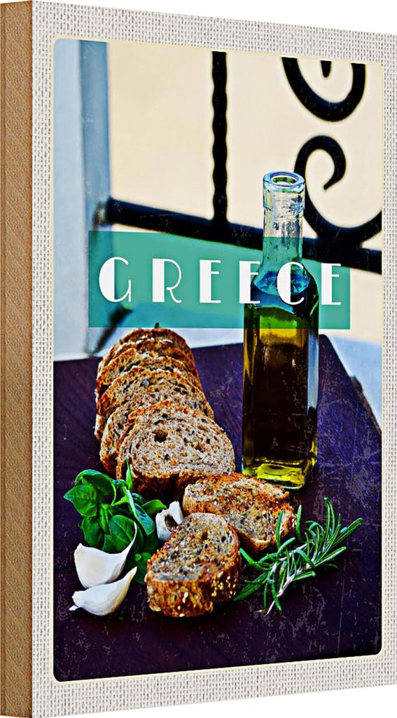 Holzschild Reise 20x30cm Greece Griechenland Öl Knoblauch Brot