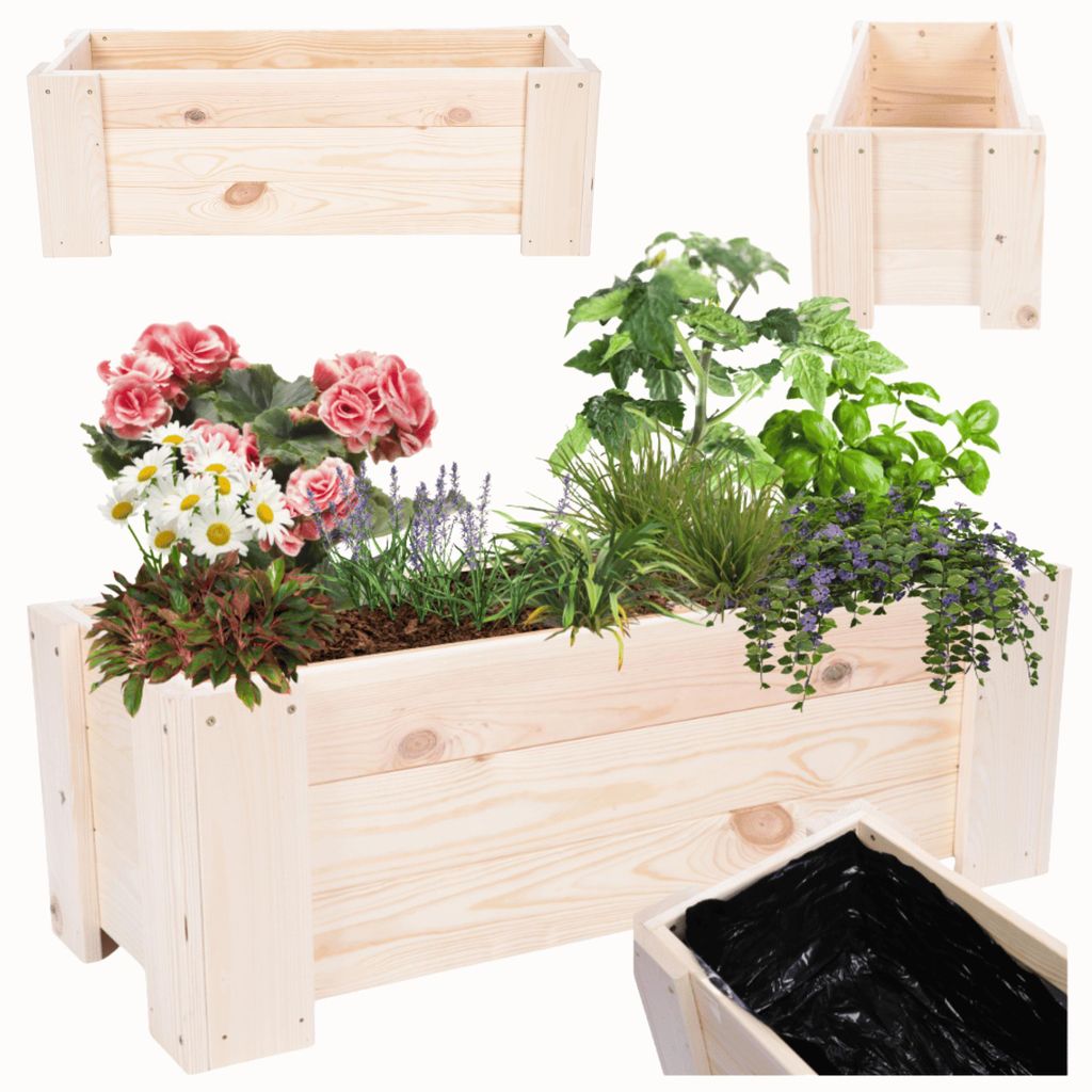 MODO24 Pflanzkübel Holz, Pflanzkasten, Blumenkasten, Kiefer, Schutzfolie, Wetterfest, Balkon, Garten, 30x90x33 cm, Natur unbehandelt, RDZP