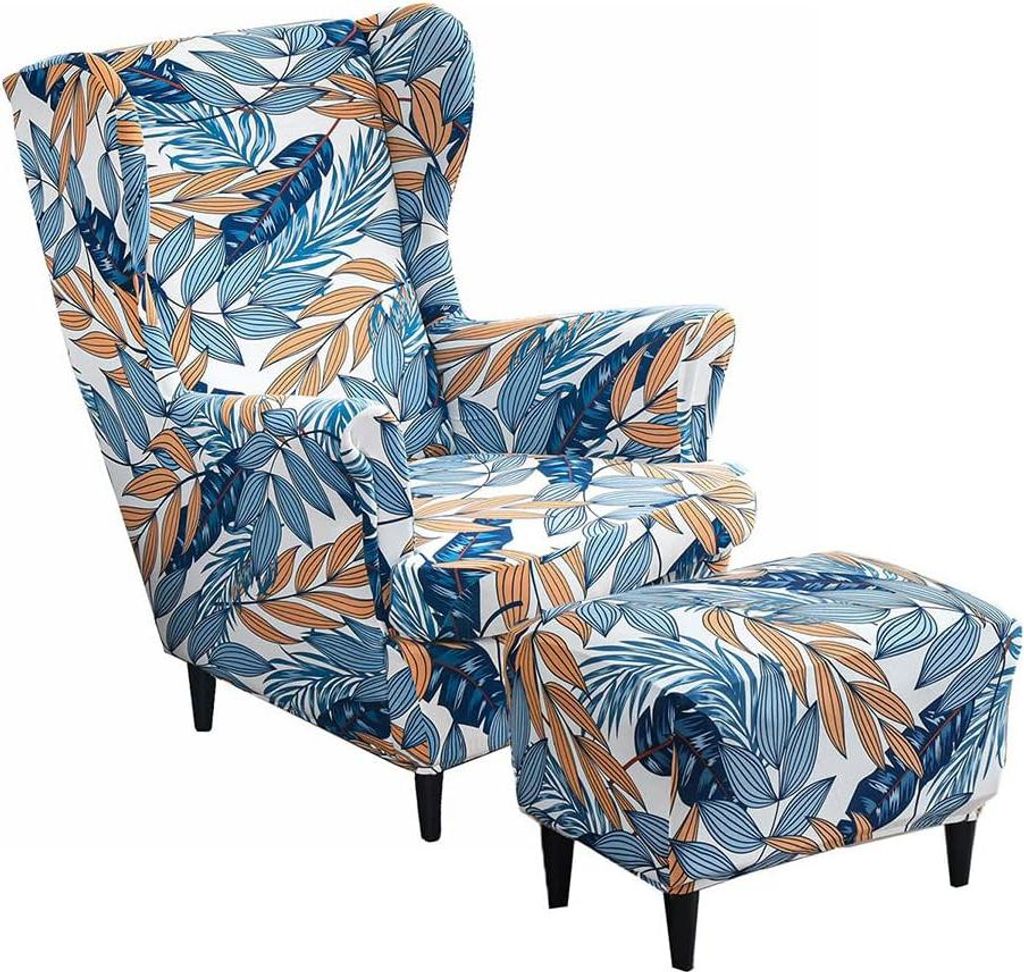 2-teilige Stuhlhussen mit Ottomanenbezug - Möbelbeschützer für Flügelstühle - Blaue dehnbare Hülle für Sessel - Schlafzimmer und Hotel - Was...