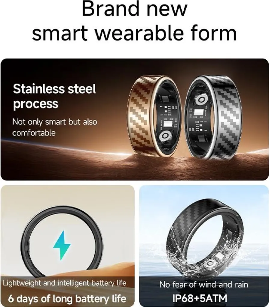 Anello Intelligente QRing Con Cardiofrequenzimetro, Monitoraggio Sonno E Ossigeno Nel Sangue – Fitness Tracker Impermeabile IP67, Contapassi, Calorie, Custodia Di Ricarica – Per Uomo E Donna