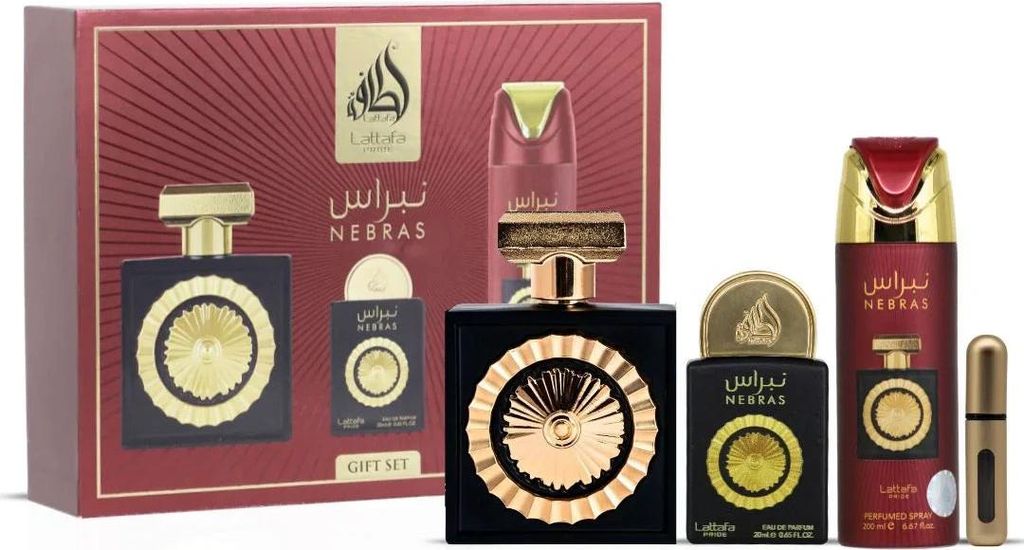 A gift set of Lattafa Pride Nebras perfume and deodorant spray.