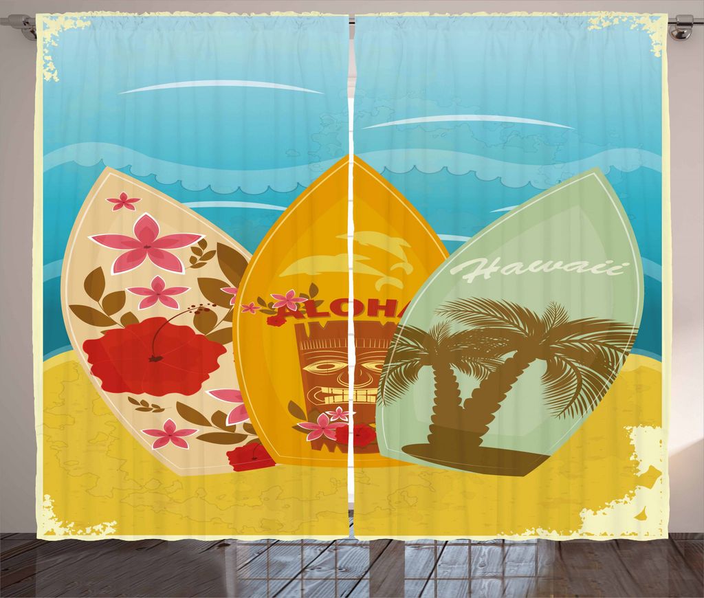 ABAKUHAUS Tiki Bar Rustikaler Vorhang, Surfbrett Exotic, Wohnzimmer Universalband Gardinen mit Schlaufen und Haken, 280 x 245 cm, Mehrfarbig