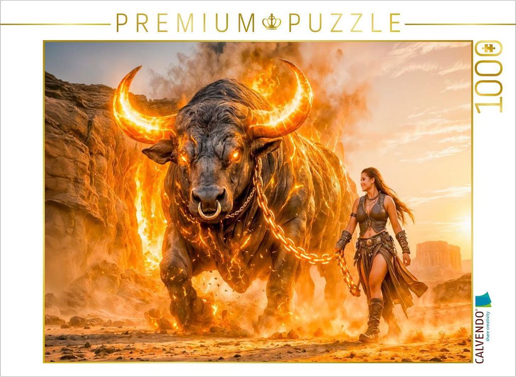 CALVENDO Puzzle Stier - Feuriger Erdkrieger im Sturm der Elemente | 1000 Teile Lege-Größe 64x48cm Foto-Puzzle für glückliche Stunden