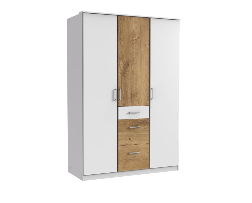 Kleiderschrank Click in Weiß mit Plankeneiche - Kleiderschrank 135 cm Breite ohne Spiegel