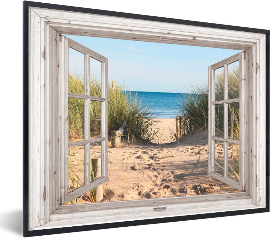 MuchoWow Gerahmtes Poster Durchblick - Strand - Meer - Dünen - Sand - Wasser - Hochgras 80x60 cm - Poster mit Schwarzem Bilderrahmen Wandposter ...
