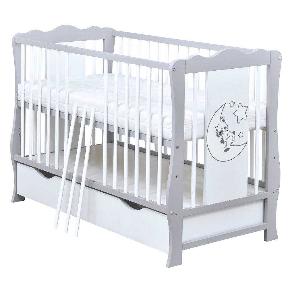 Babybett Kinderbett weiß Bettset Vollstoff komplett Matratze Schublade 120x60 