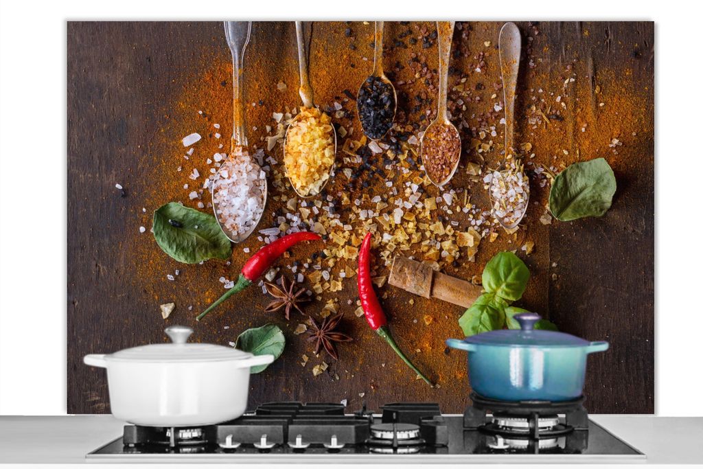 KitchenYeah Spritzschutz Küche - Küchenrückwand - Wandschutz für Herd und Spüle - Löffel - Kräuter - Chili - Gewürze - Salz 120x80 - Alu-...