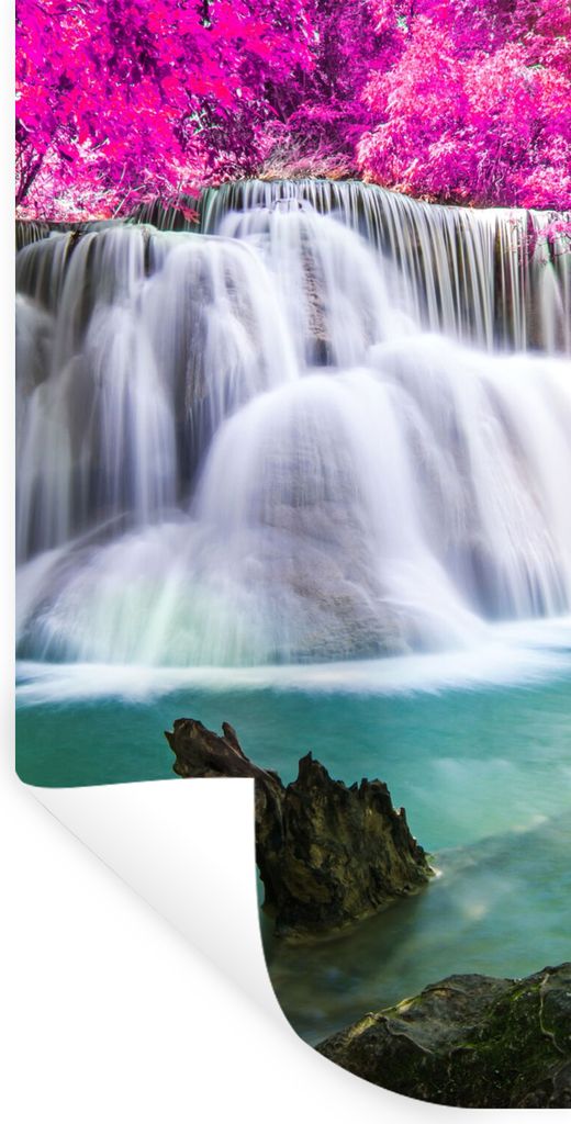 MuchoWow Wandtattoo Wandsticker Wandaufkleber Wasserfall - Rosa - Bäume 60x120 cm Selbstklebend und Repositionierbar - Selbstklebend - Fototapeten