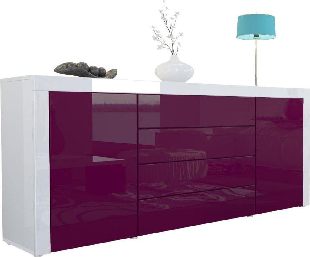 Vladon Sideboard Kommode La Paz, Germany, Korpus in Weiß Hochglanz / Front in Brombeer Hochglanz mit Rahmen in Weiß Hochglanz