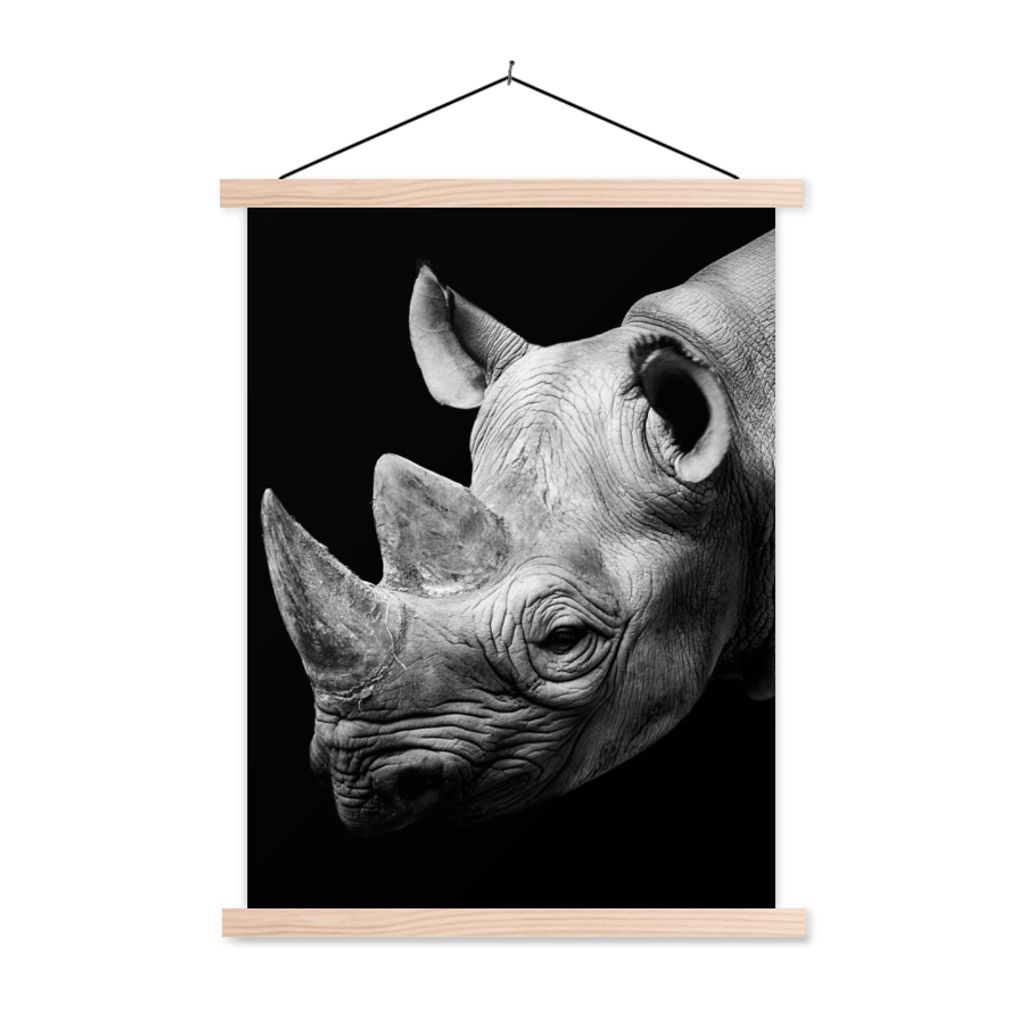MuchoWow Textilposter Tiere - Nashorn - Schwarz - Weiß - Porträt 40x53 cm mit holzfarbenen Rahmen - Schlafzimmer