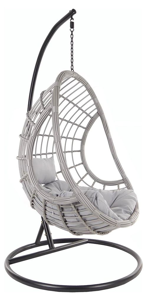 Hängesessel-Set: Großer Hängesessel mit Gestell und Kissen, für Innen und Außen, Poly-Rattan, Grau, Modern