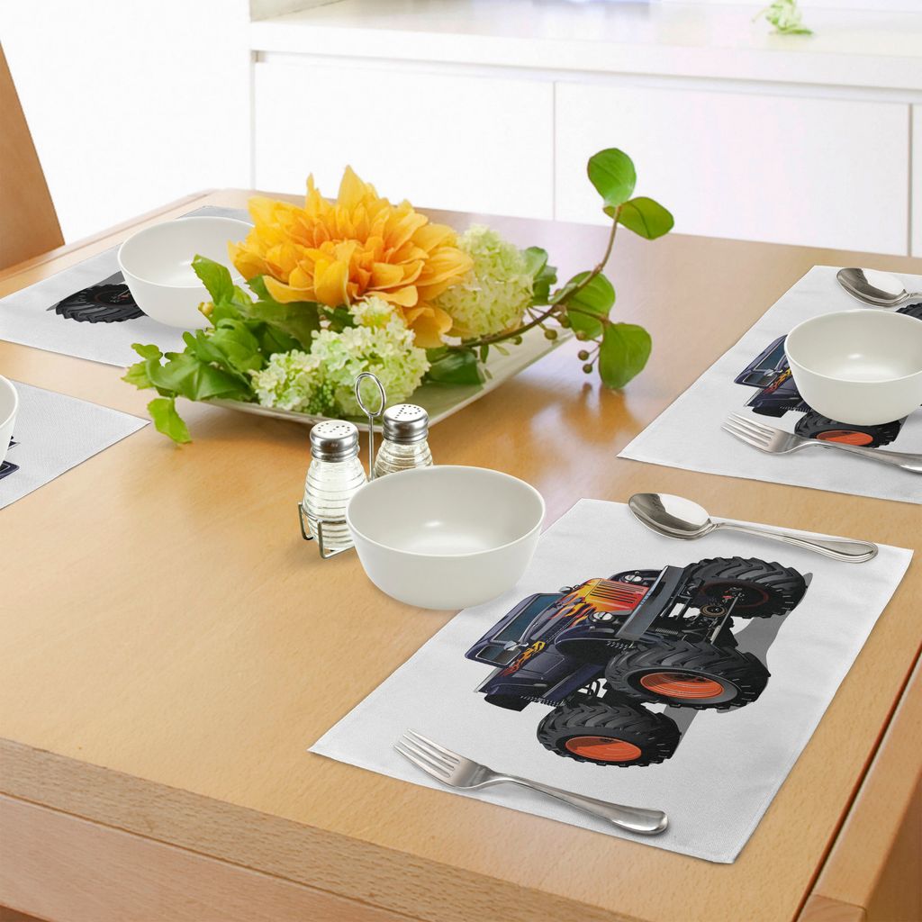 ABAKUHAUS LKW Platzmatten, Flamme Gemustert Hood Cool Monster Truck mit riesigen Rädern Kinder Cartoon Pickup, Tiscjdeco aus Farbfesten Stoff für...