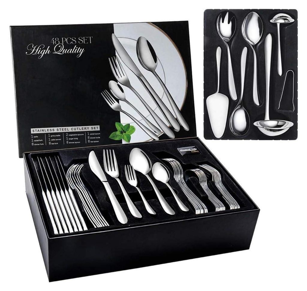A boxed set of stainless steel cutlery, with a separate display of some of the pieces.