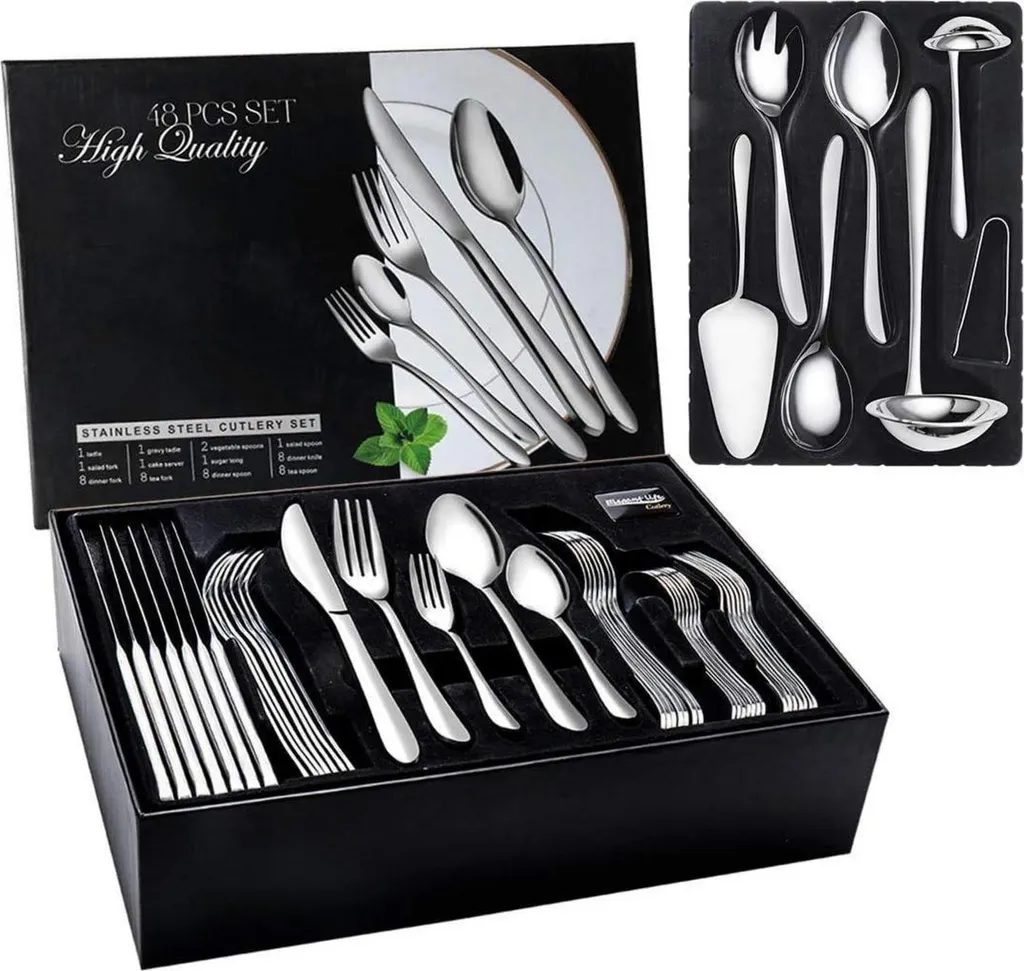 set di posate in acciaio inox da 48 pezzi per 8 persone, comprese le posate da portata