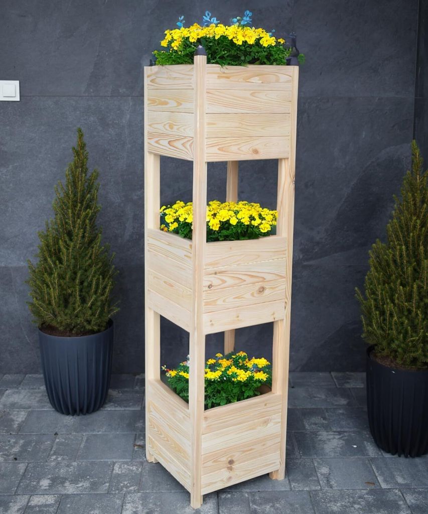 TIMBERMIK Holz Blumenkasten Groß Außen & Innen 35x35x135 cm Getrocknet Gehobelt Pflanzkasten Blumenkübel 3 Etagen XXL Hochbeet