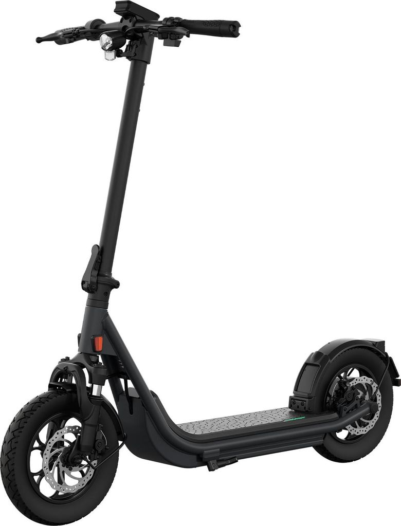 A black electric scooter is shown against a white background.