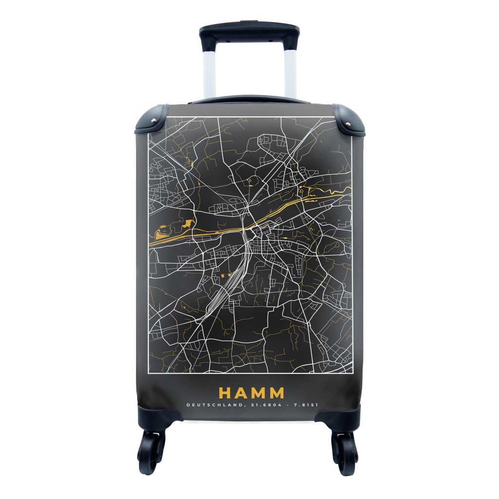 MuchoWow Koffer Handgepäck Trolley Rollkoffer Kleine Reisekoffer mit 4 Rollen - Schwarz und Gold - Stadtplan - Hamm - Deutschland - Karte - Cabi...