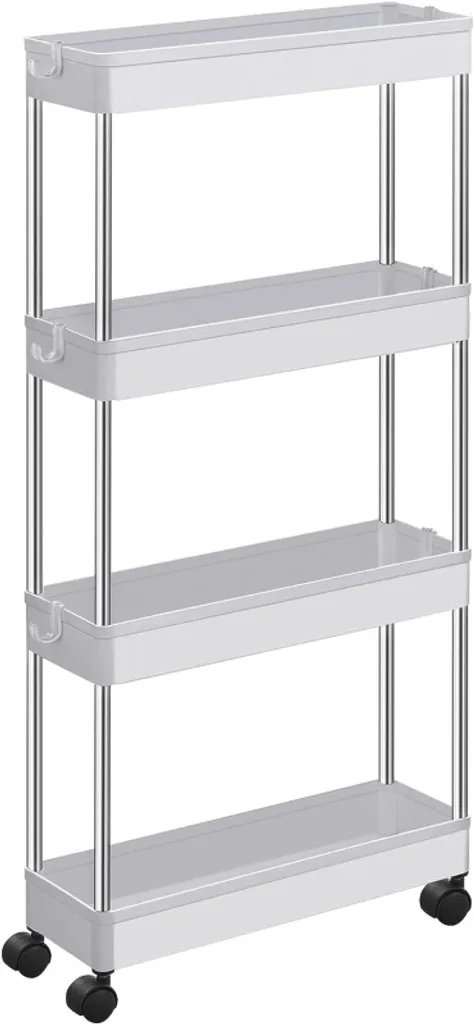 Solution gain de place : Étagère fine 4 niveaux mobile - Blanc