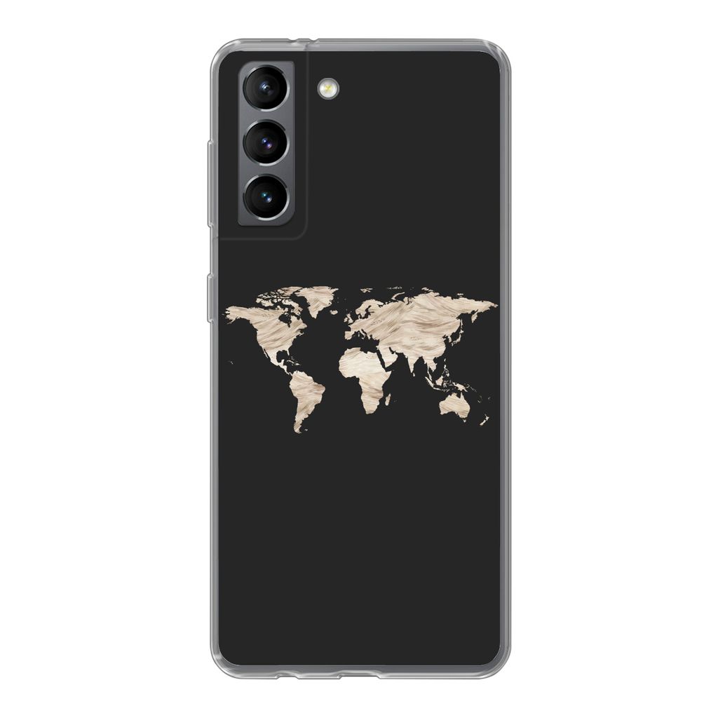 MuchoWow Handyhülle Schutzhülle Hülle für Samsung Galaxy S21 Weltkarte - Heu - Braun Silikon Softcase Handy Hülle - Softcase