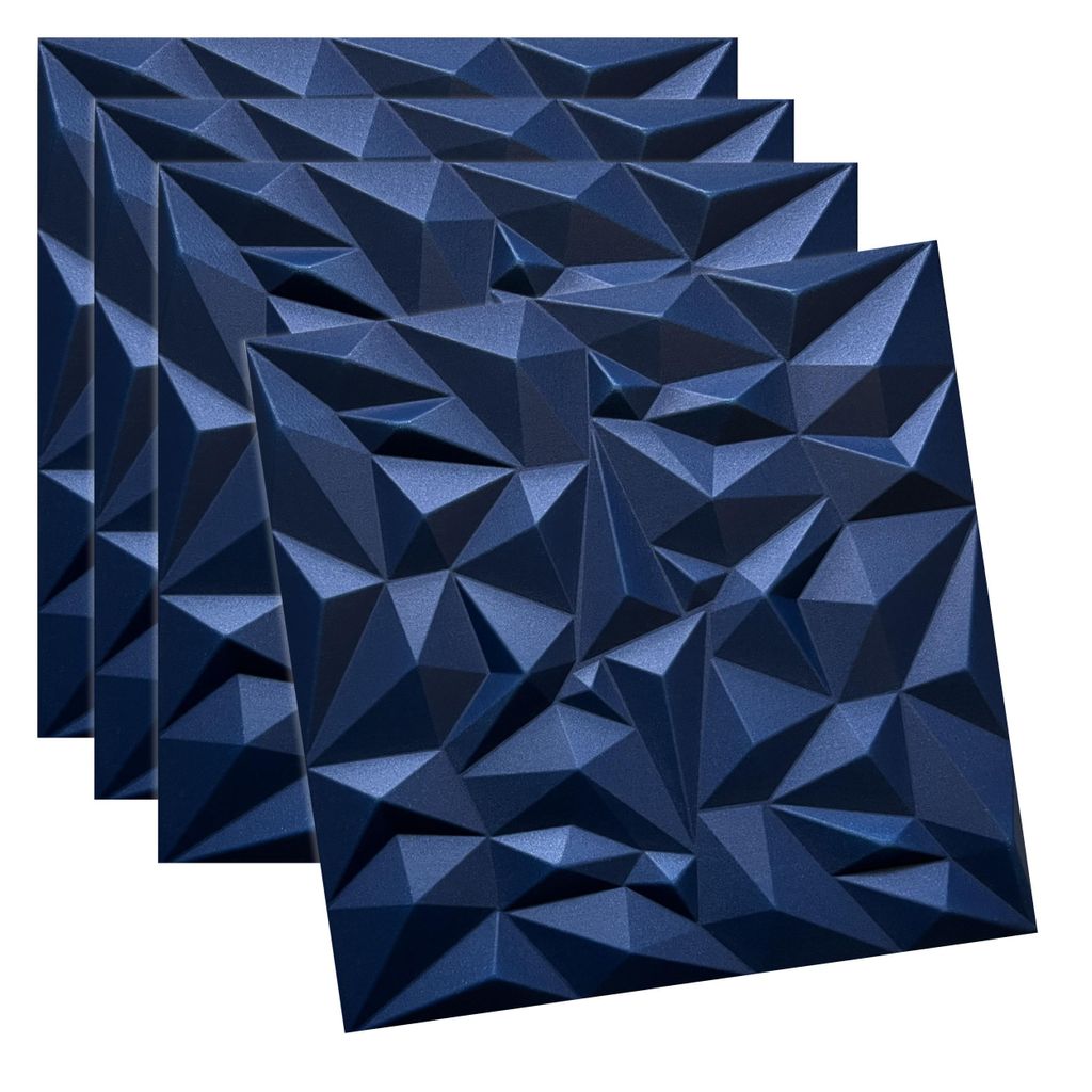 A stack of four dark blue 3D wall panels with a geometric, faceted design, presented on a white background.